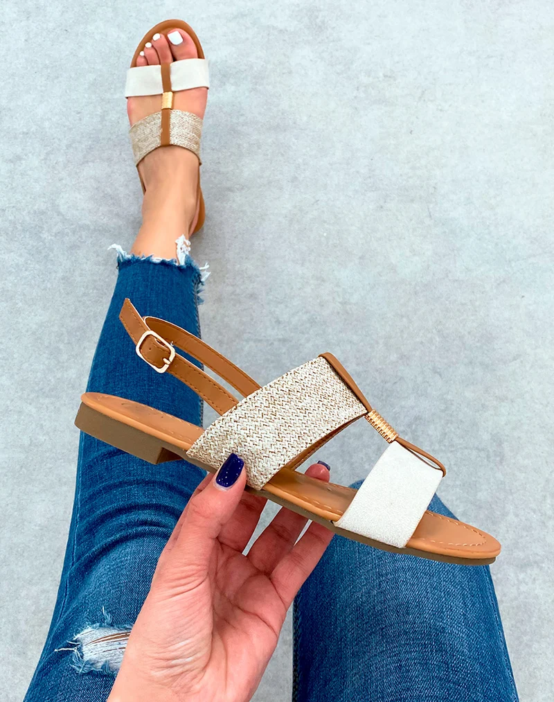 Nu-pieds à grosses lanières beige et toile de jute