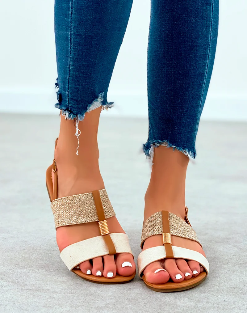 Nu-pieds à grosses lanières beige et toile de jute