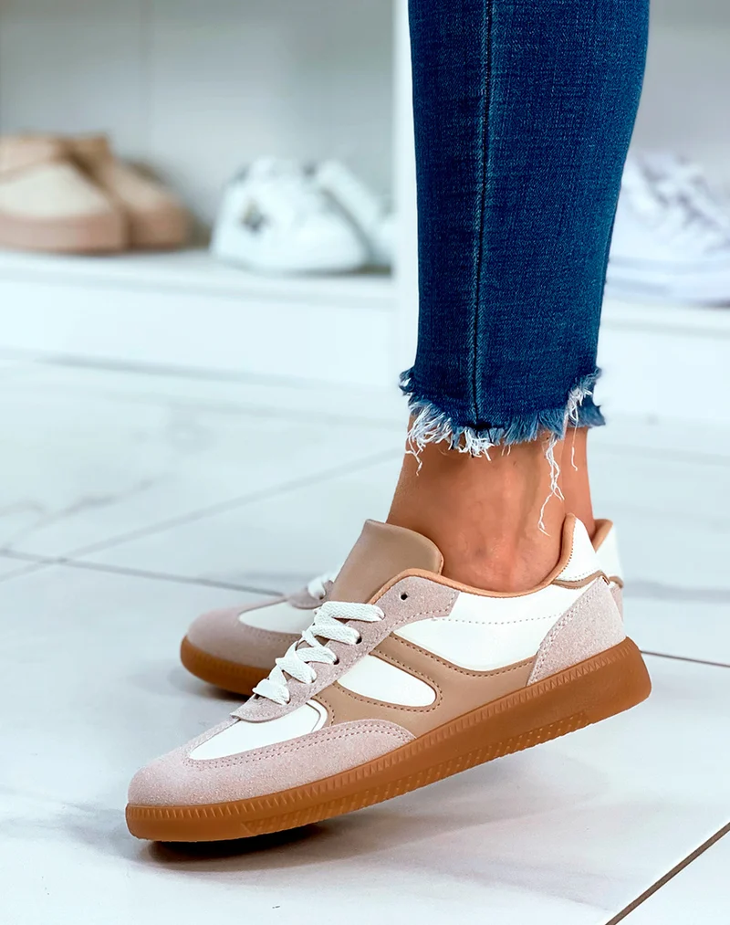 Baskets à lacet avec empiècements beige pour femme