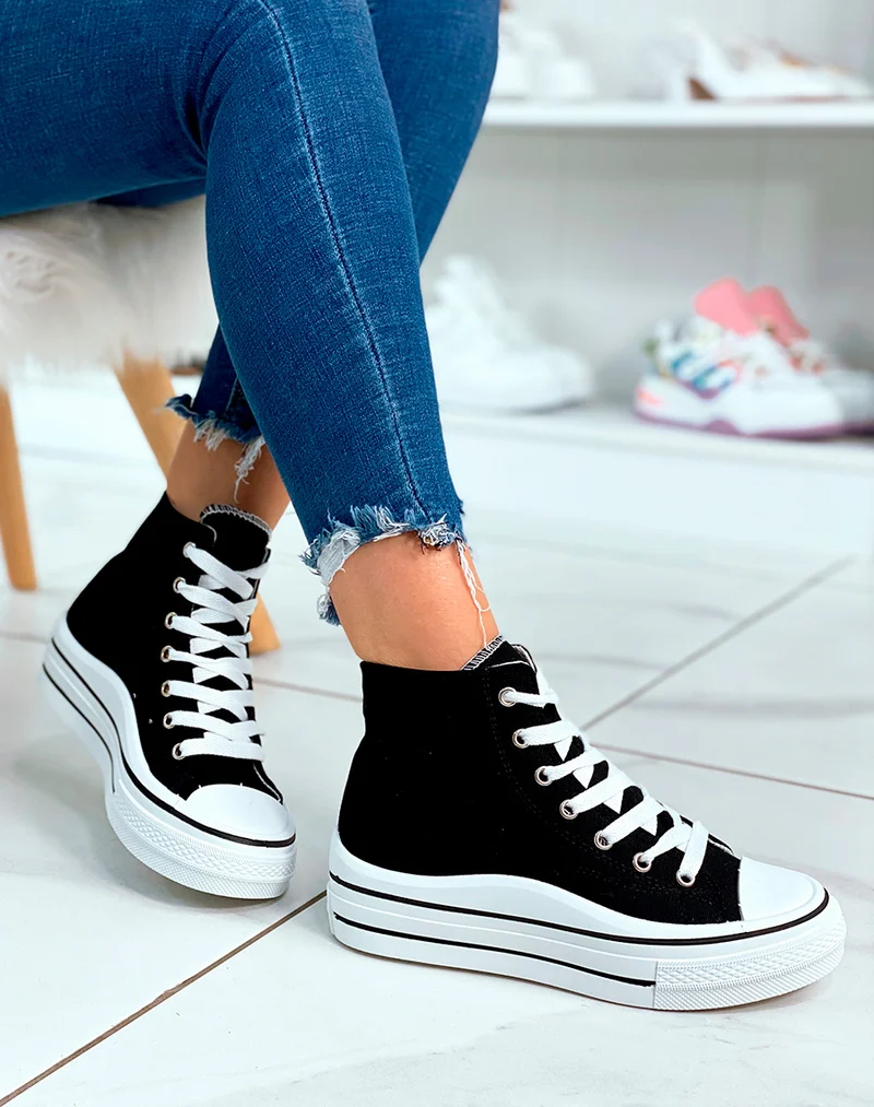 Baskets montantes noires à lacet avec plateforme pour femme
