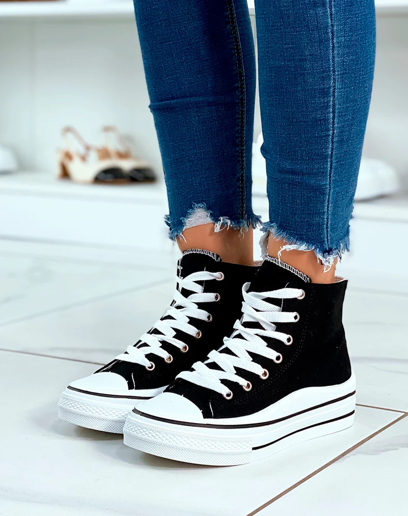 Baskets montantes noires à lacet avec plateforme pour femme
