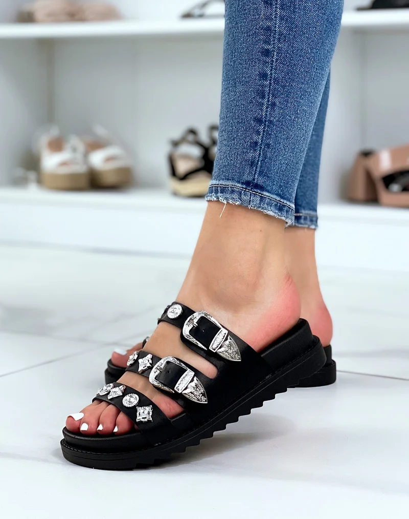 Mules noires à triple brides à bijoux argentés