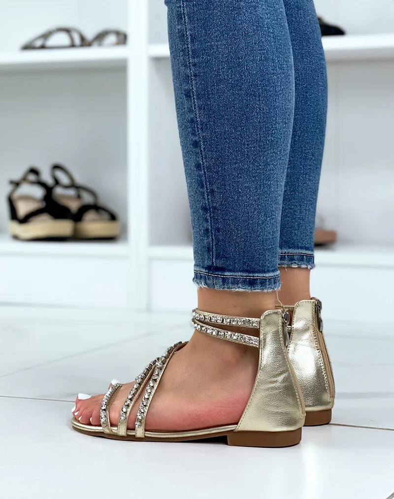 Nu-pieds dorés à lanières à strass et fermeture à zip