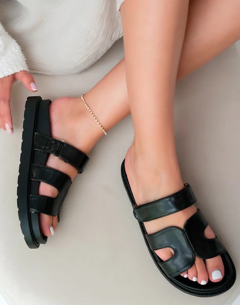Mules Noires Modernes avec Bride en H et Fermeture Scratch ? Confort Urbain