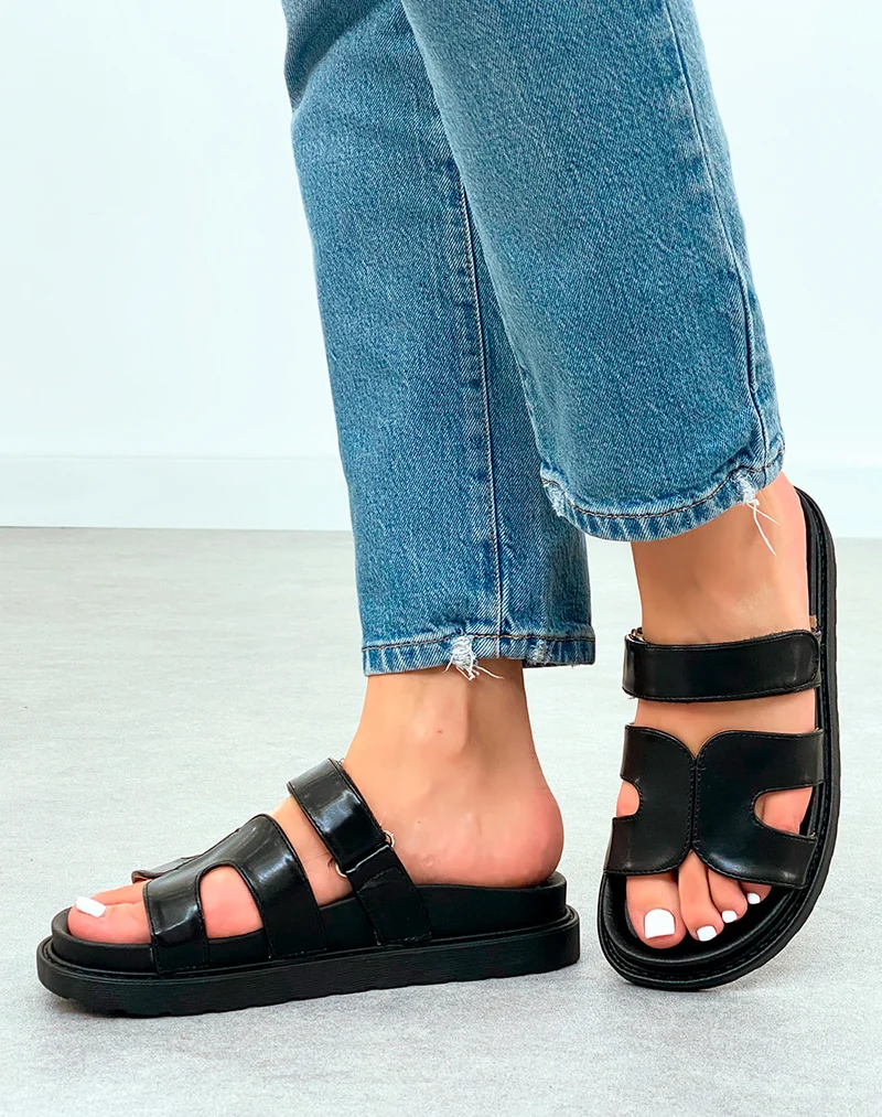 Mules Noires Modernes avec Bride en H et Fermeture Scratch ? Confort Urbain