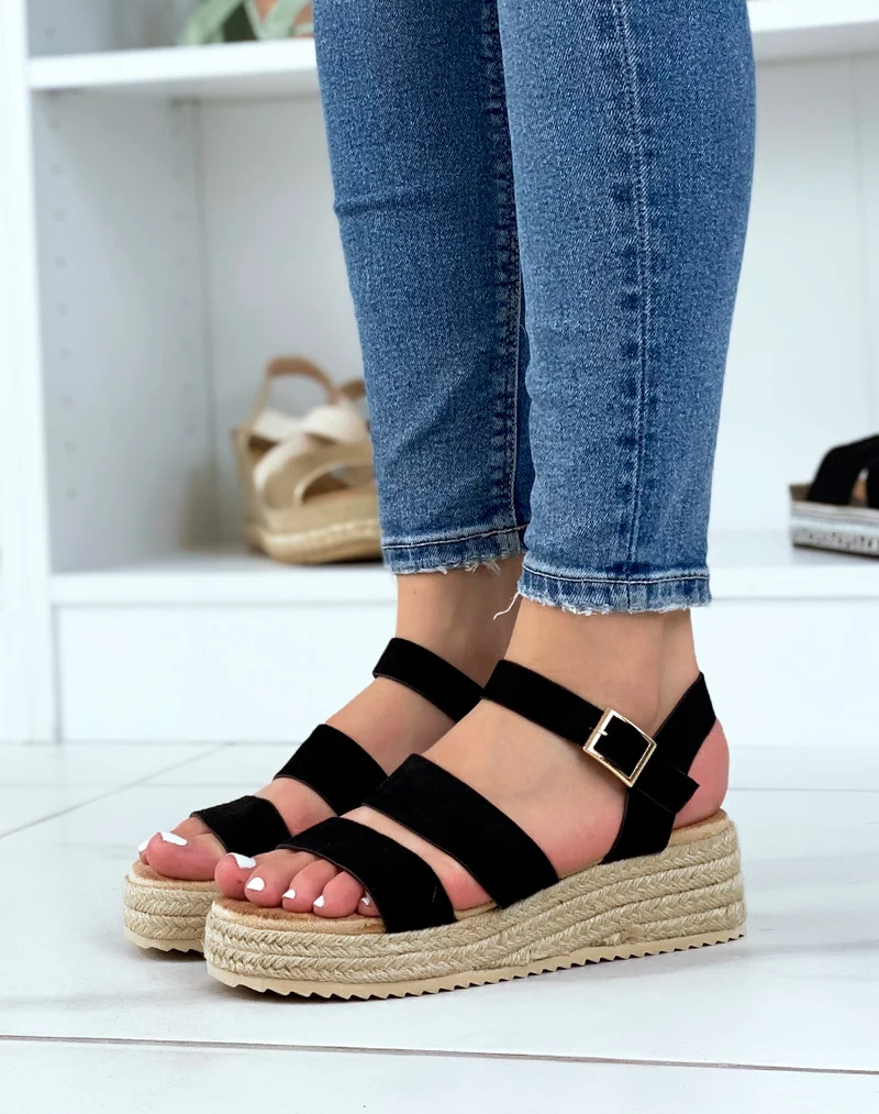 Sandales compensées noires à double brides épaisses et semelle en toile de jute
