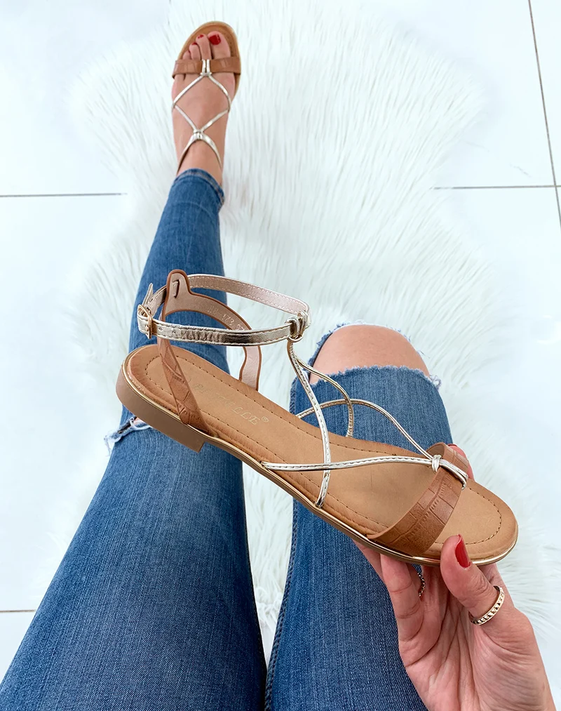 Nu-pieds camel à lanière croco