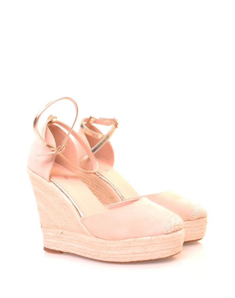 Espadrilles beiges en suédine et doré à talons compensés