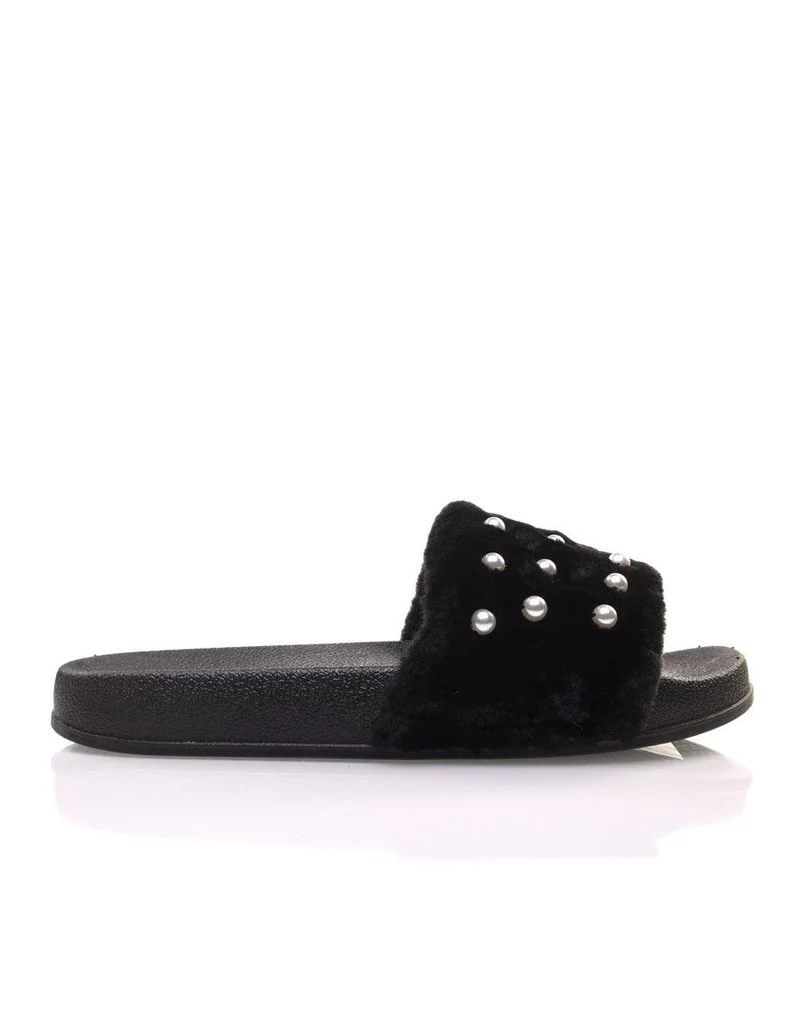 Mules noires en fausse fourrure