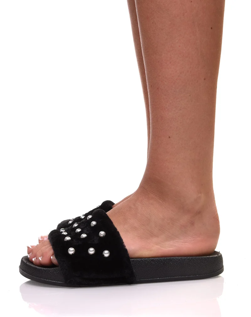 Mules noires en fausse fourrure
