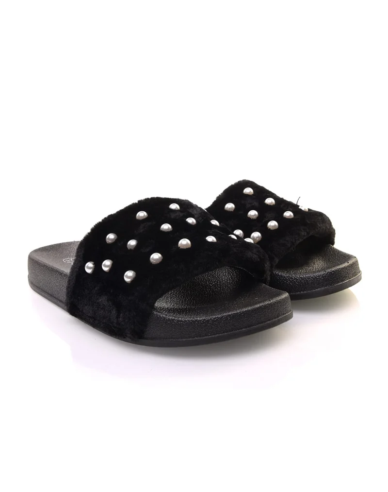 Mules noires en fausse fourrure