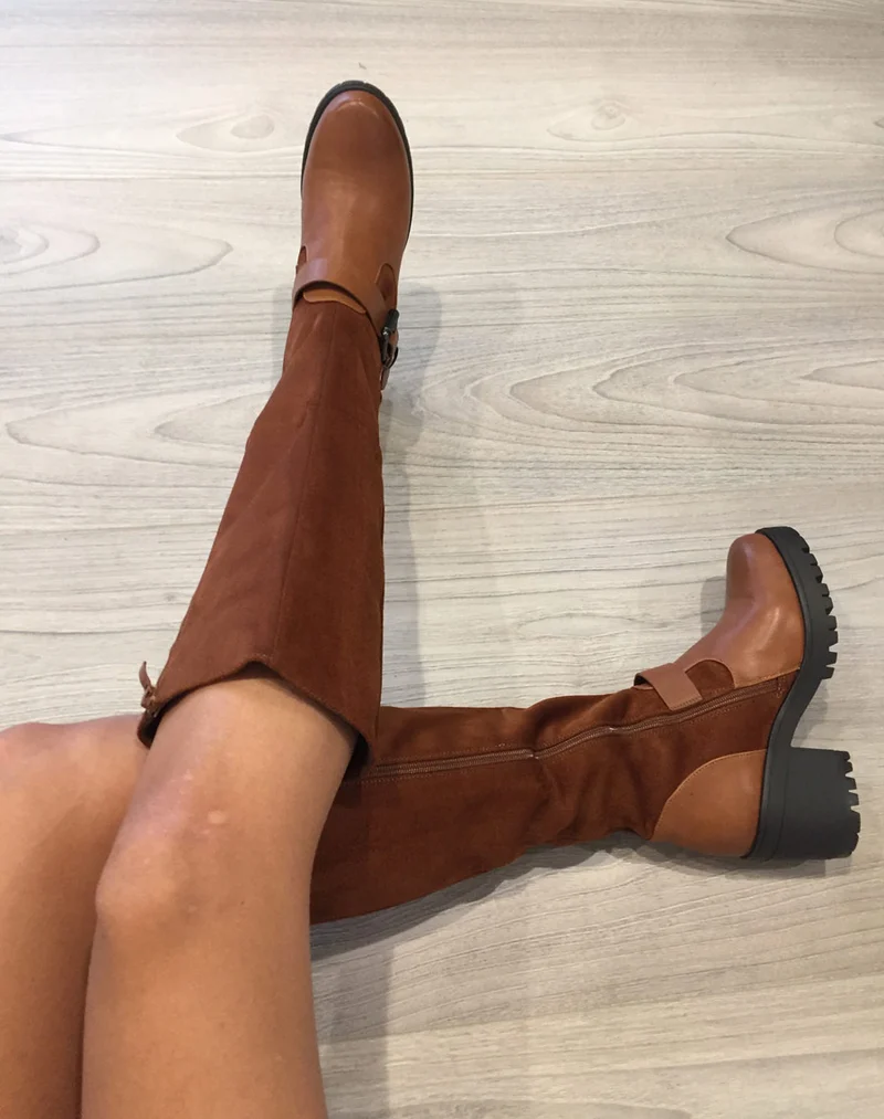 Bottes bi matières camel à talon mi haut