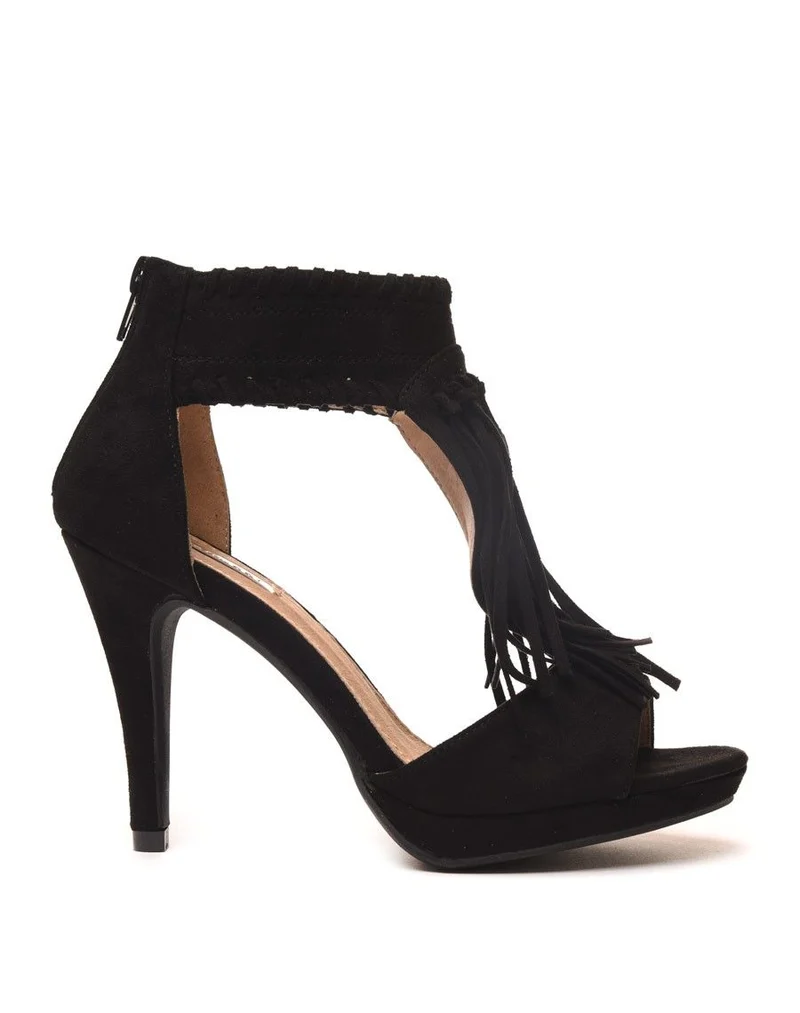 Escarpins noir ouverts à talons avec franges