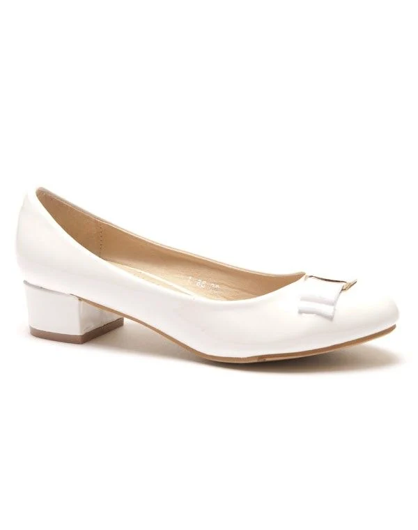 Escarpin blanc vernis à petit talon avec n?ud