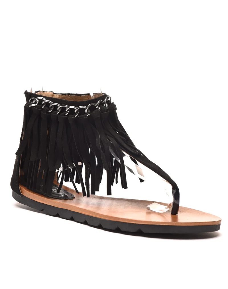 Sandale plate noire avec chaine et frange