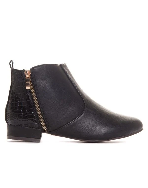 Bottines plates noir détail croco