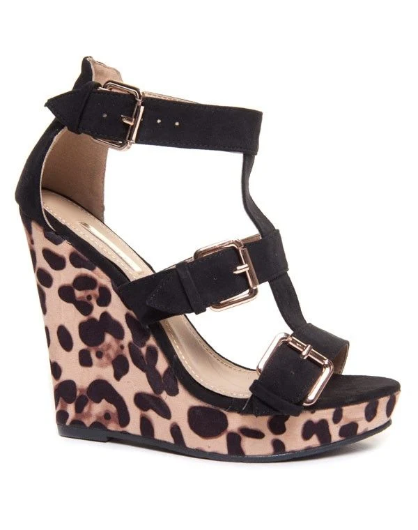 Sandales Bellucci noire/camel au compensées imprimé leopard
