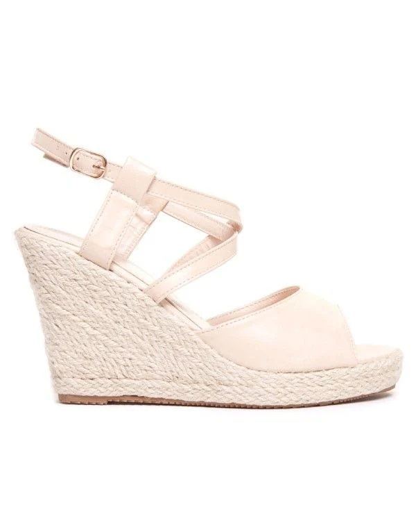 Sandale compensée beige rosé en tressage de liège