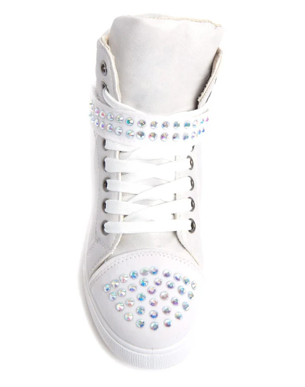 Baskets femme blanches à lacets scratch et strass