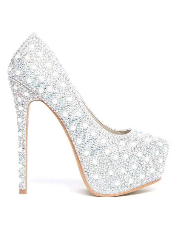 Escarpins Ideal argent plateforme strass et perles fantaisie
