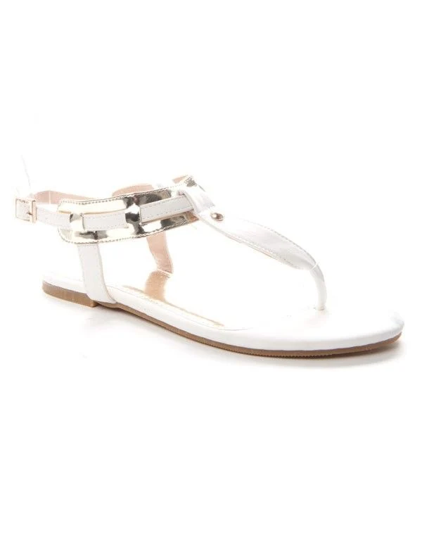 Chaussures femme Alicia: Tong à lanière dorée - blanc