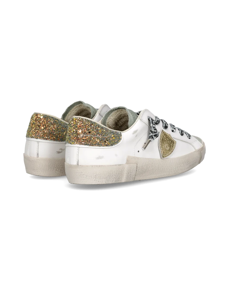 Sneakers Prsx Women with Glitter heel tab, White Light Blue Gold