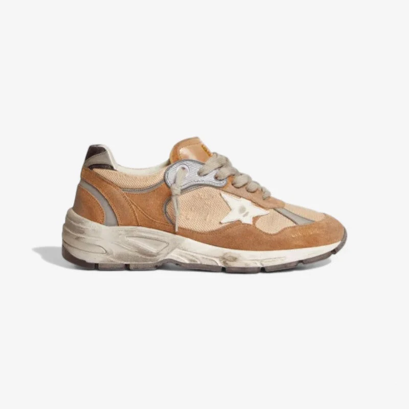 Dad-star Sneakers In Tobacco-colored Mesh And Suede With White Leather Star And Black Leather Heel