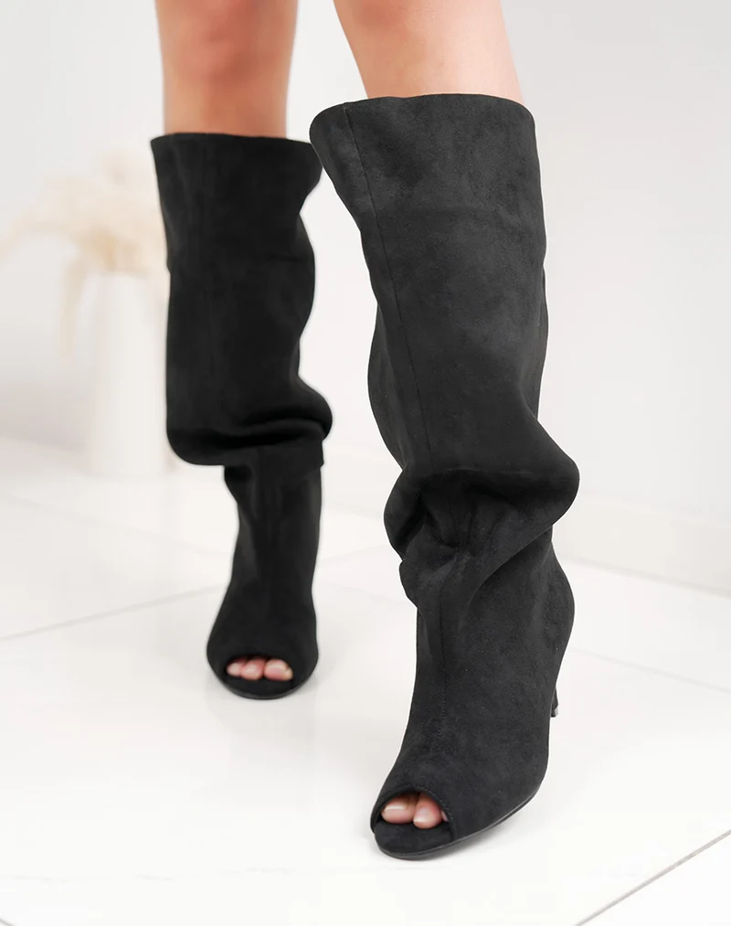 Bottes noires femme en suédine à talon aiguille – Bout ouvert tendance