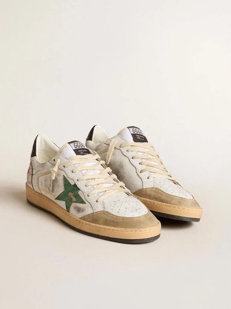 Golden Goose Ball Star Sneaker – Green Glitter & Vintage White