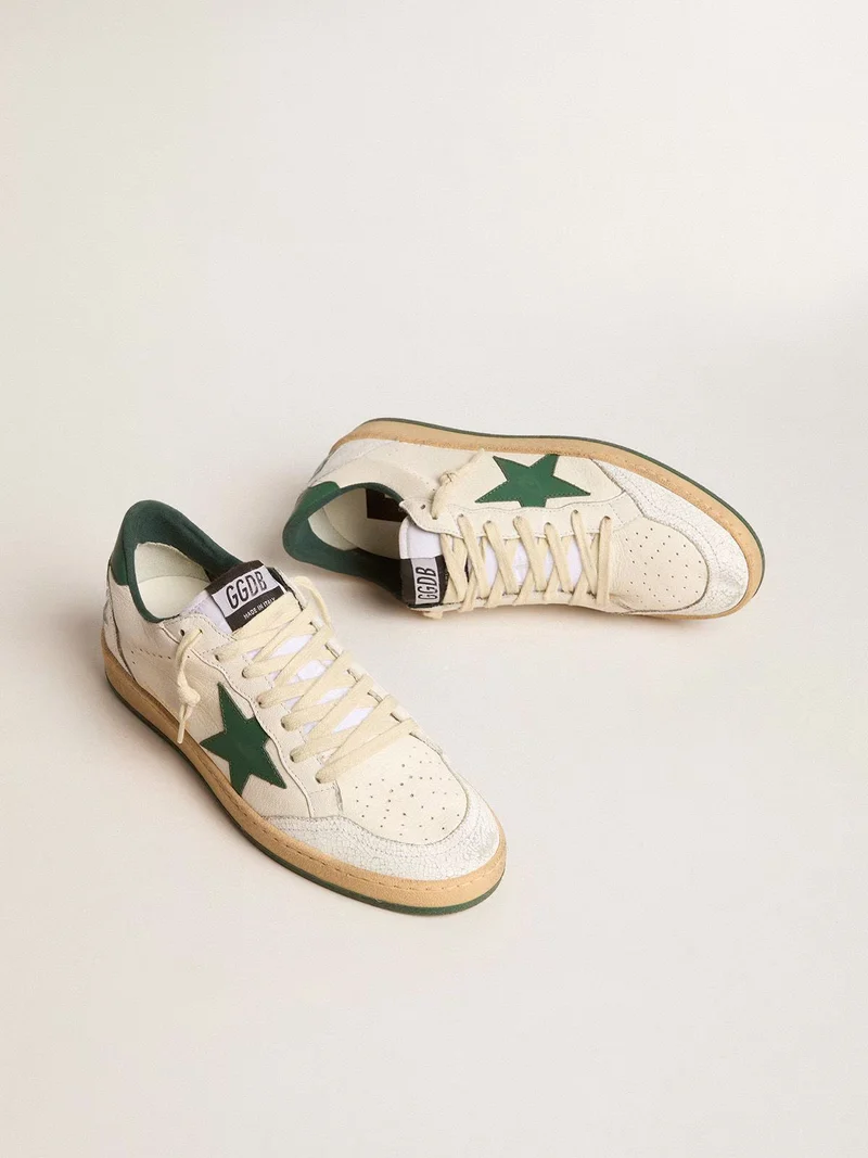 Golden Goose Ball Star Sneaker – White/Green Distressed Suede