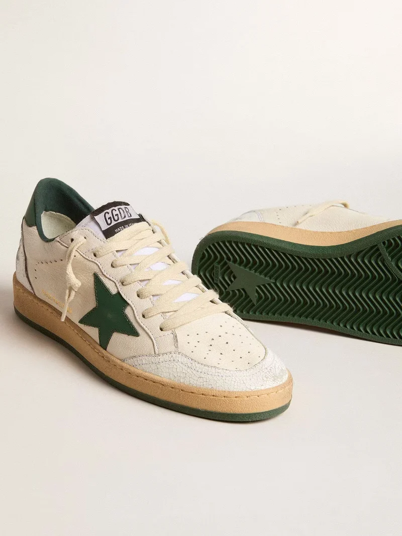 Golden Goose Ball Star Sneaker – White/Green Distressed Suede
