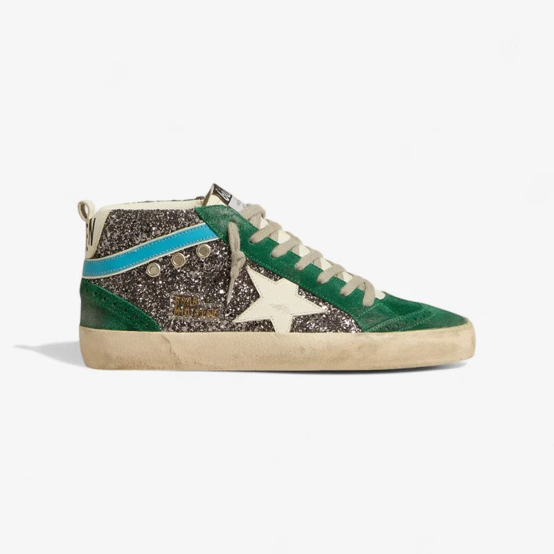 Golden Goose Mid Star Sneaker – Green Suede & Glitter Combo