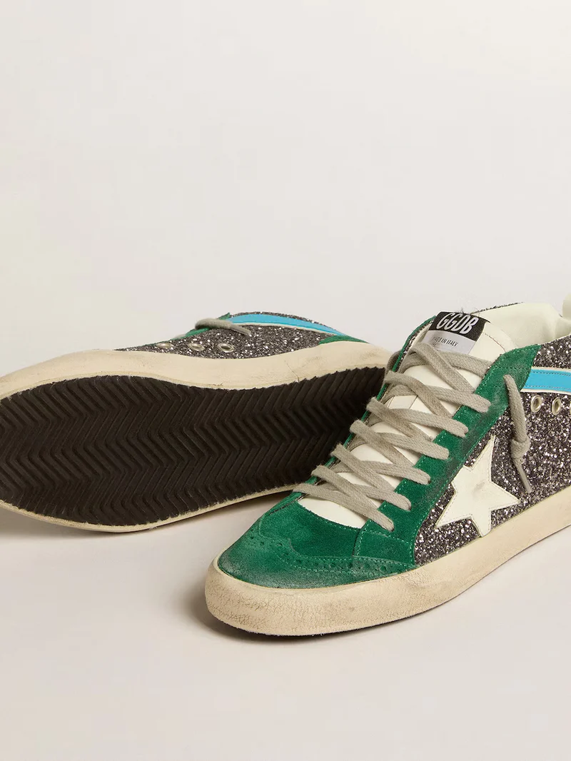 Golden Goose Mid Star Sneaker – Green Suede & Glitter Combo