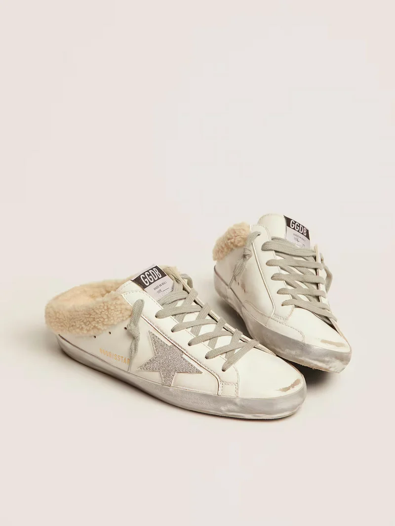 Golden Goose Shearling Slide Super-Star Sneaker with Glitter Star