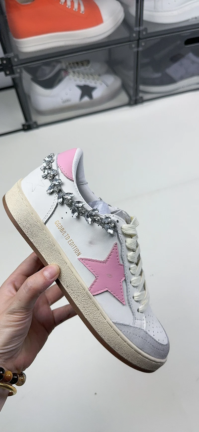 Golden Goose Stardan Sneaker with Pink Star and Crystal Chain