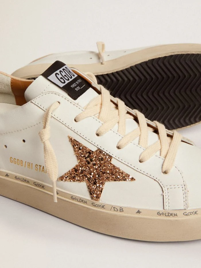 GOLDEN GOOSE Star Sneakers With Gold Glitter Star And Beige Leather Heel Tab