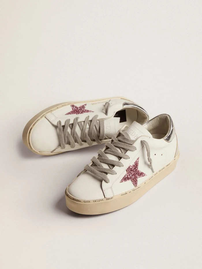 GOLDEN GOOSE Star Sneakers With Silver Laminated Leather Heel Tab And Pink Glitter Star