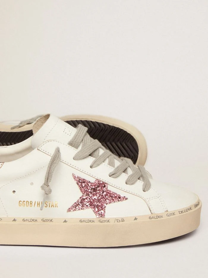 GOLDEN GOOSE Star Sneakers With Silver Laminated Leather Heel Tab And Pink Glitter Star