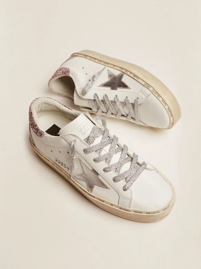GOLDEN GOOSE Star Sneakers With Silver Laminated Leather Star And Quartz-pink Glitter Heel Tab