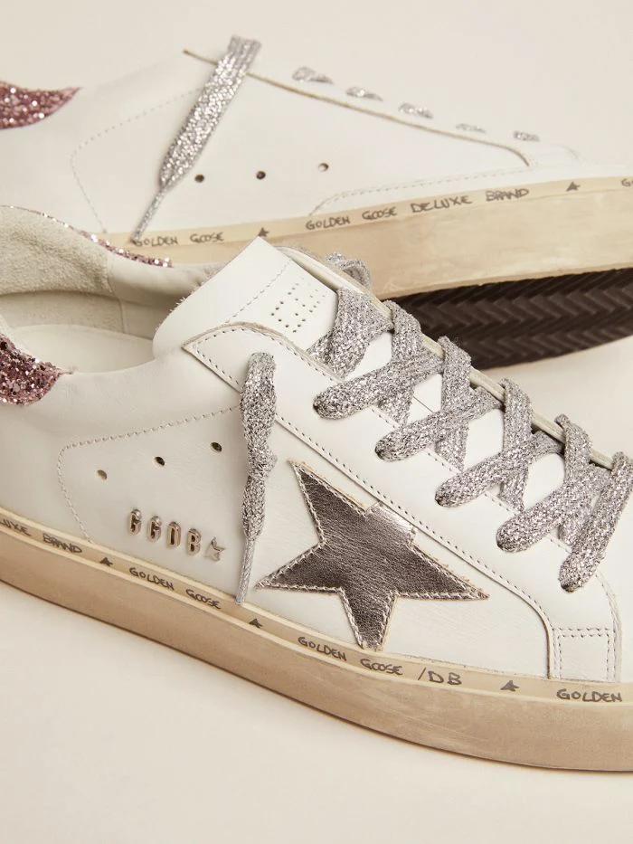 GOLDEN GOOSE Star Sneakers With Silver Laminated Leather Star And Quartz-pink Glitter Heel Tab