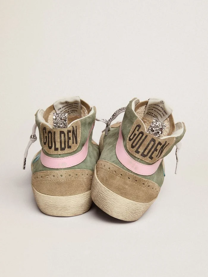 GOLDEN GOOSE Mid Star Ltd Sneakers In Military Green Suede With Sky-blue Leather Star And Pink Leather Flash