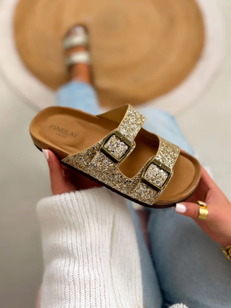 Mule femme dorée tendance à doubles brides pailletées et boucles ajustables