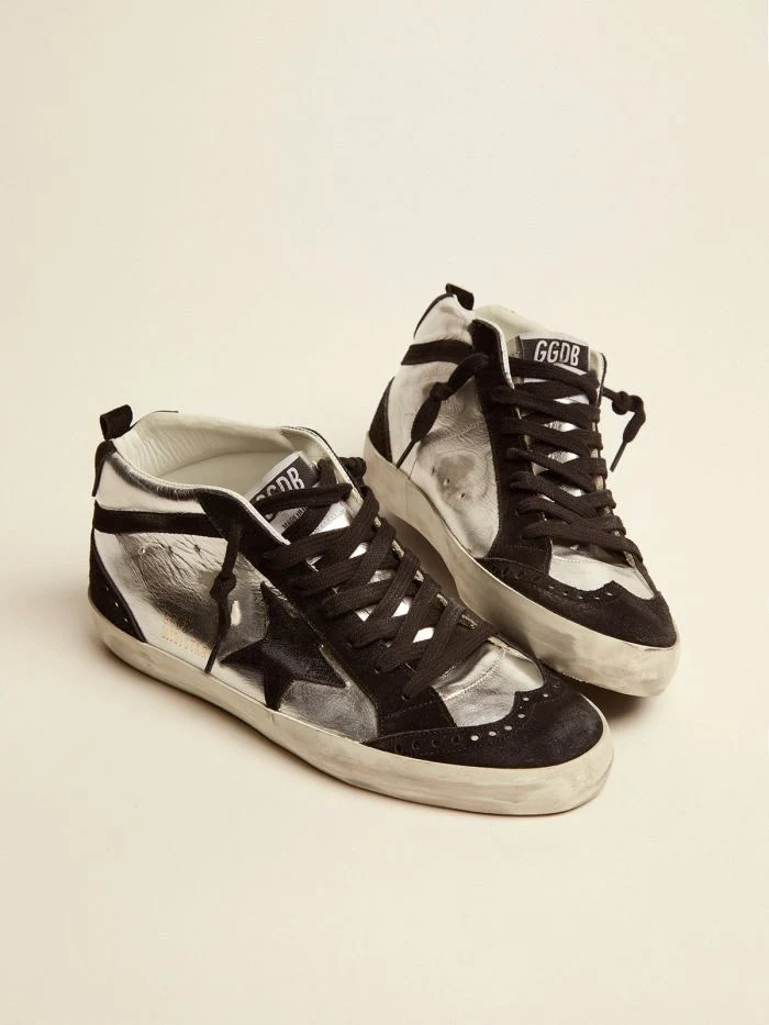 GOLDEN GOOSE Mid Star Ltd Sneakers In Silver Laminated Leather And Black Suede