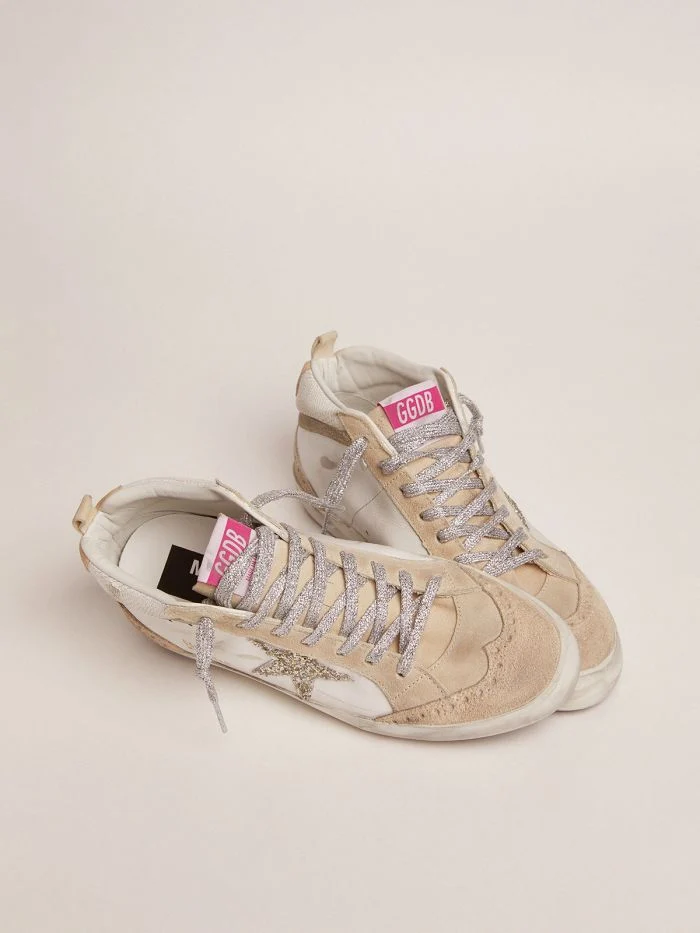 GOLDEN GOOSE Mid Star Ltd Sneakers With Light Green Glitter Star And Snake-print Leather Insert