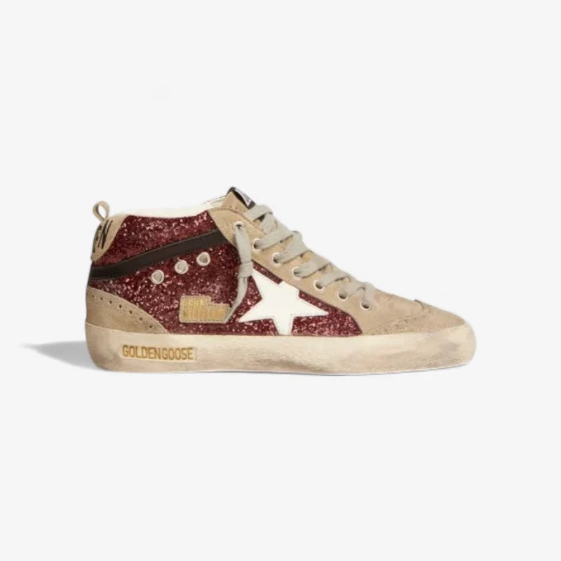 GOLDEN GOOSE Mid Star Sneakers In Burgundy Glitter With Dove-gray Suede Inserts And White Leather Star