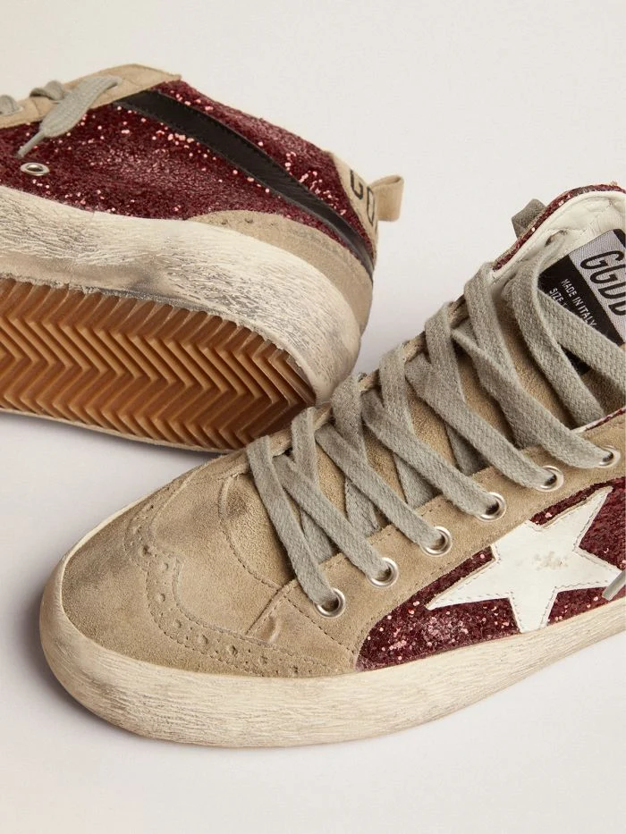 GOLDEN GOOSE Mid Star Sneakers In Burgundy Glitter With Dove-gray Suede Inserts And White Leather Star