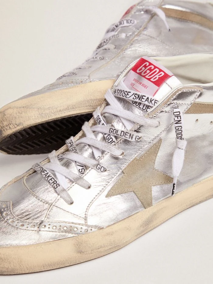 GOLDEN GOOSE Mid Star Sneakers In Silver Metallic Leather With Star And Flash In Dove-gray Suede