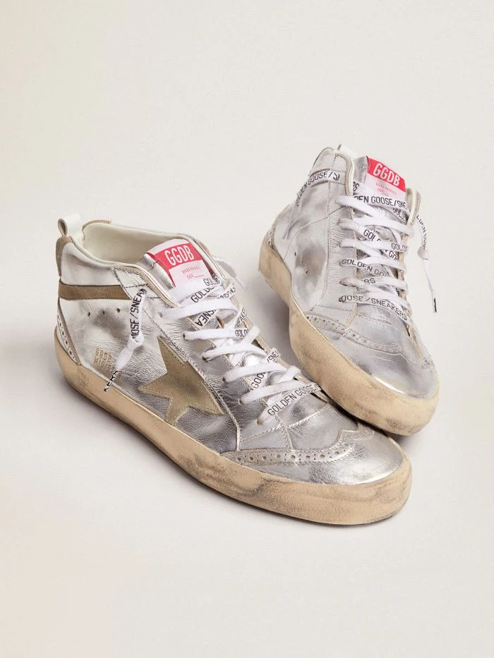 GOLDEN GOOSE Mid Star Sneakers In Silver Metallic Leather With Star And Flash In Dove-gray Suede