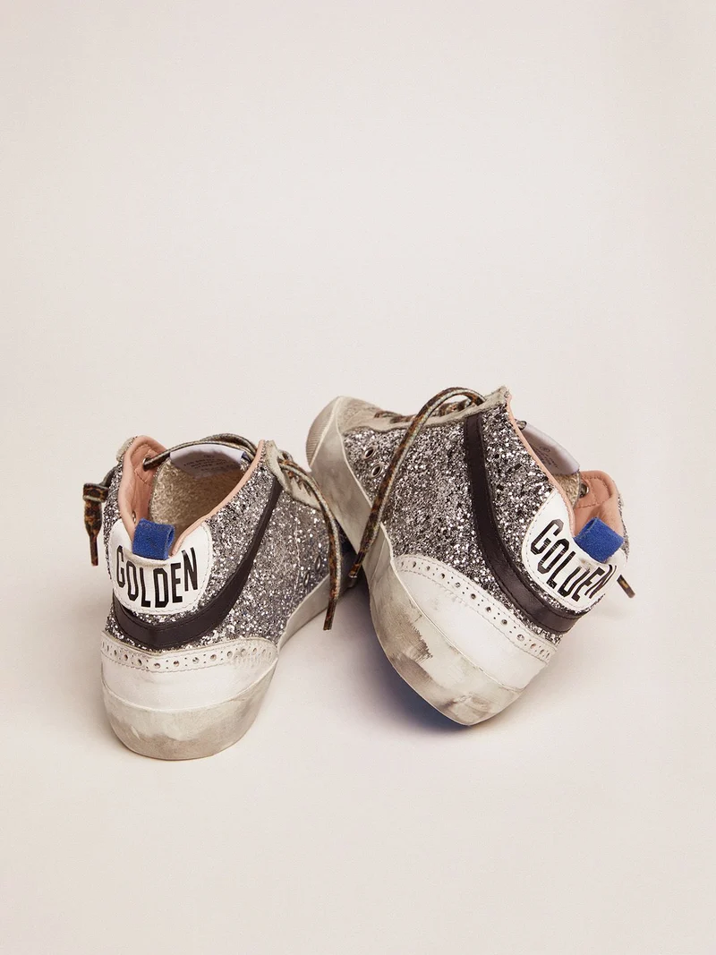 GOLDEN GOOSE Mid Star Sneakers With Silver Glitter Upper And Pale Pink Star