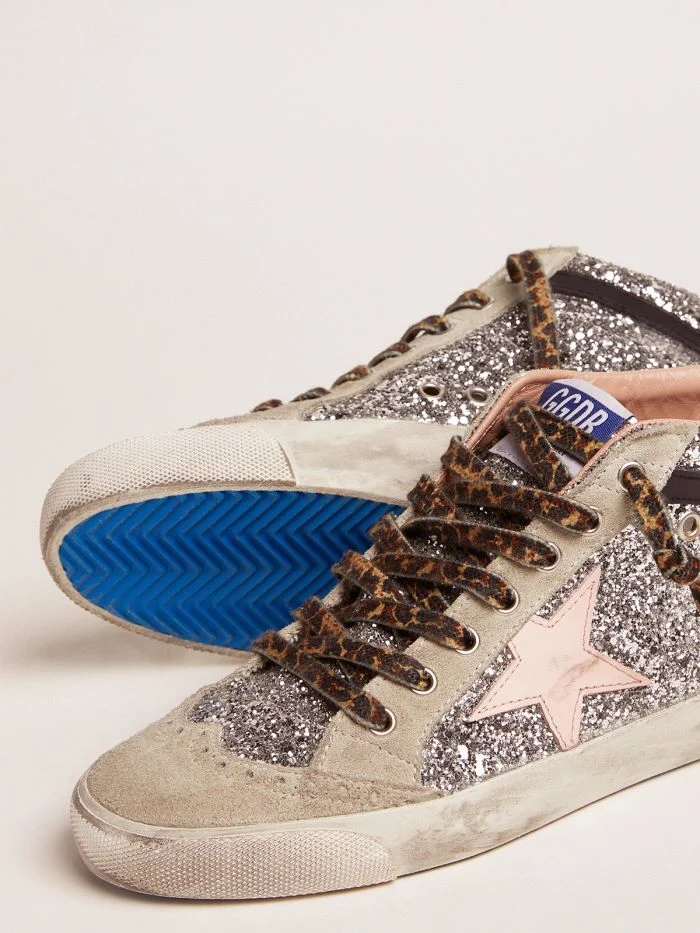 GOLDEN GOOSE Mid Star Sneakers With Silver Glitter Upper And Pale Pink Star